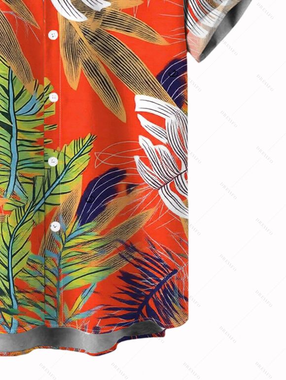 Chemise de vacances pour homme, imprimé tropical à feuilles de palmier, boutonnée - Orange 5XL