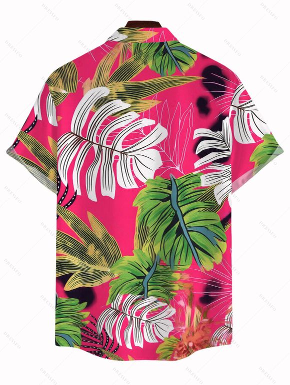 Vacation Couple Outfit Bright Color Cinched Palm Leaf Print Boyshorts Bikini Swimsuit and Shirt Set - Rouge Rose S | US 4