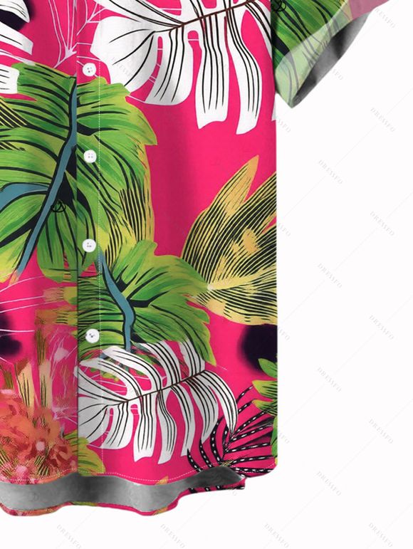 Vacation Couple Outfit Bright Color Cinched Palm Leaf Print Boyshorts Bikini Swimsuit and Shirt Set - Rouge Rose S | US 4