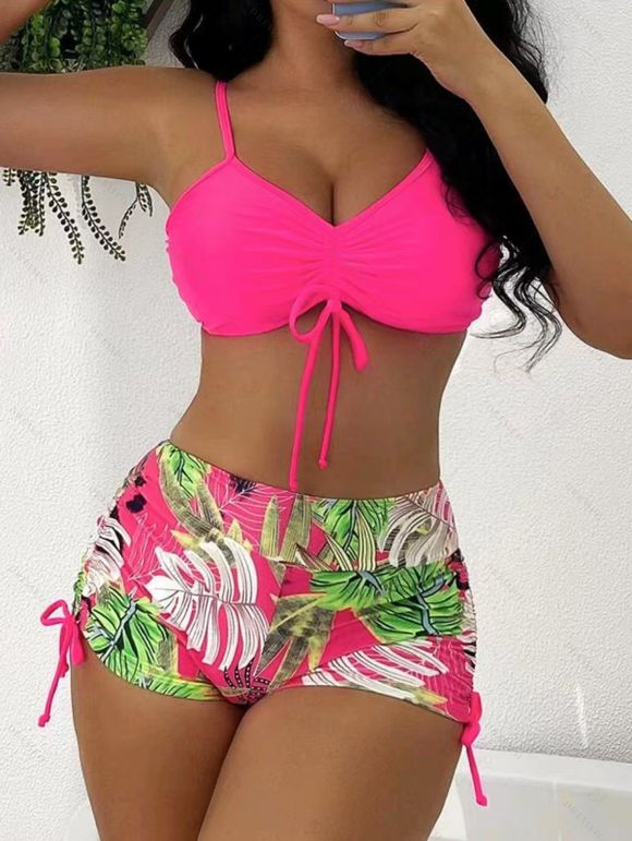 Vacation Couple Outfit Bright Color Cinched Palm Leaf Print Boyshorts Bikini Swimsuit and Shirt Set - Rouge Rose S | US 4