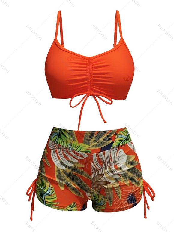 Vacation Couple Outfit Bright Color Cinched Palm Leaf Print Boyshorts Bikini Swimsuit and Shirt Set - Orange S | US 4