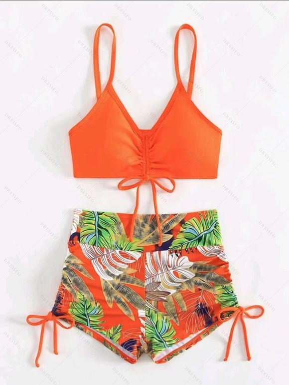 Vacation Couple Outfit Bright Color Cinched Palm Leaf Print Boyshorts Bikini Swimsuit and Shirt Set - Orange S | US 4