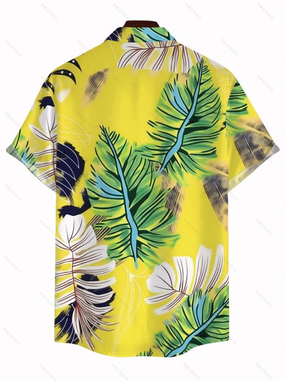 Vacation Couple Outfit Bright Color Cinched Palm Leaf Print Boyshorts Bikini Swimsuit and Shirt Set - Jaune S | US 4