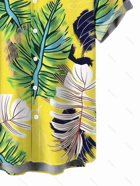 Vacation Couple Outfit Bright Color Cinched Palm Leaf Print Boyshorts Bikini Swimsuit and Shirt Set - Jaune S | US 4