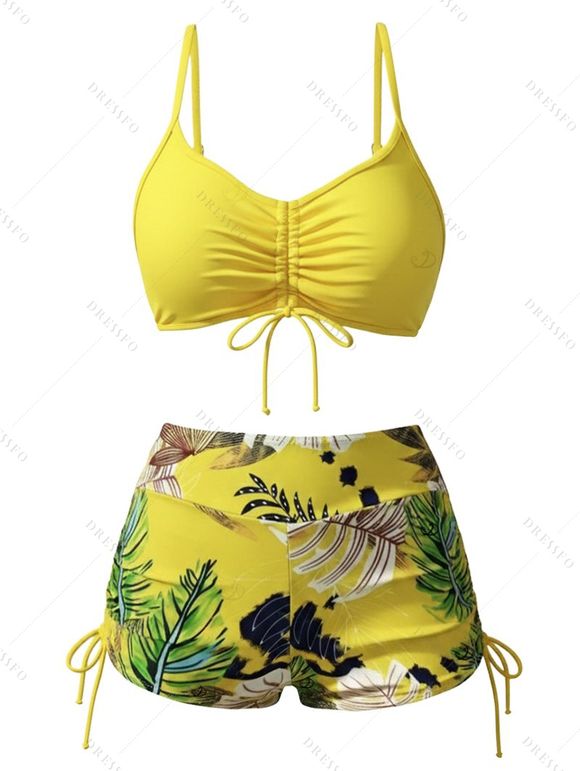 Vacation Couple Outfit Bright Color Cinched Palm Leaf Print Boyshorts Bikini Swimsuit and Shirt Set - Jaune S | US 4