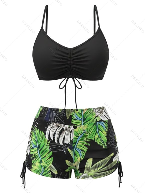 Vacation Couple Outfit Bright Color Cinched Palm Leaf Print Boyshorts Bikini Swimsuit and Shirt Set - Noir S | US 4