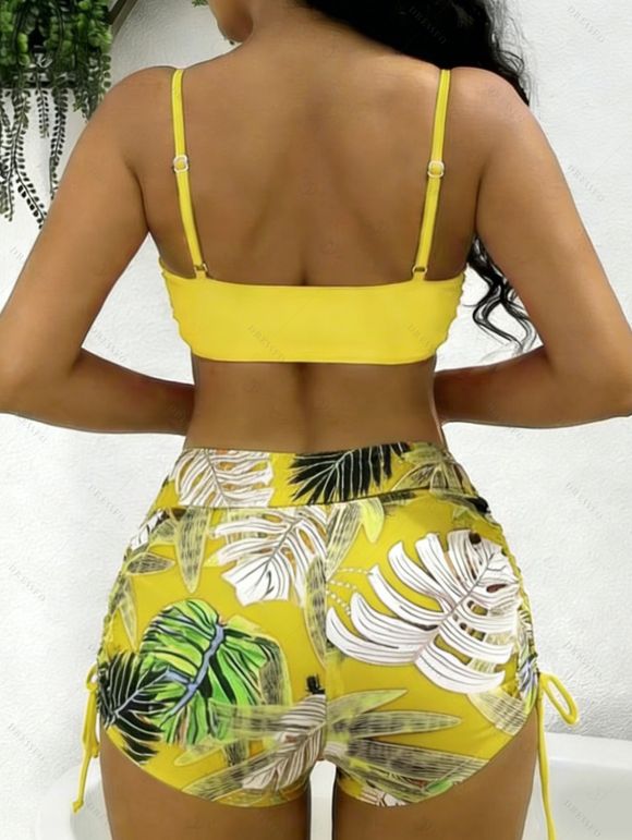 Vacation Couple Outfit Bright Color Cinched Palm Leaf Print Boyshorts Bikini Swimsuit and Shirt Set - Jaune S | US 4