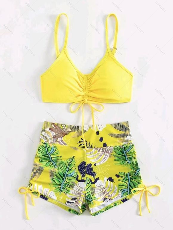 Vacation Couple Outfit Bright Color Cinched Palm Leaf Print Boyshorts Bikini Swimsuit and Shirt Set - Jaune S | US 4
