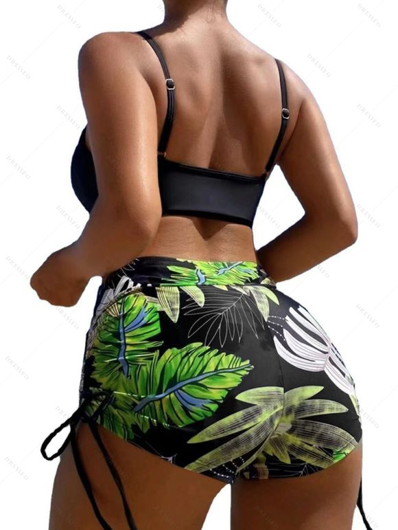 Vacation Couple Outfit Bright Color Cinched Palm Leaf Print Boyshorts Bikini Swimsuit and Shirt Set - Noir S | US 4