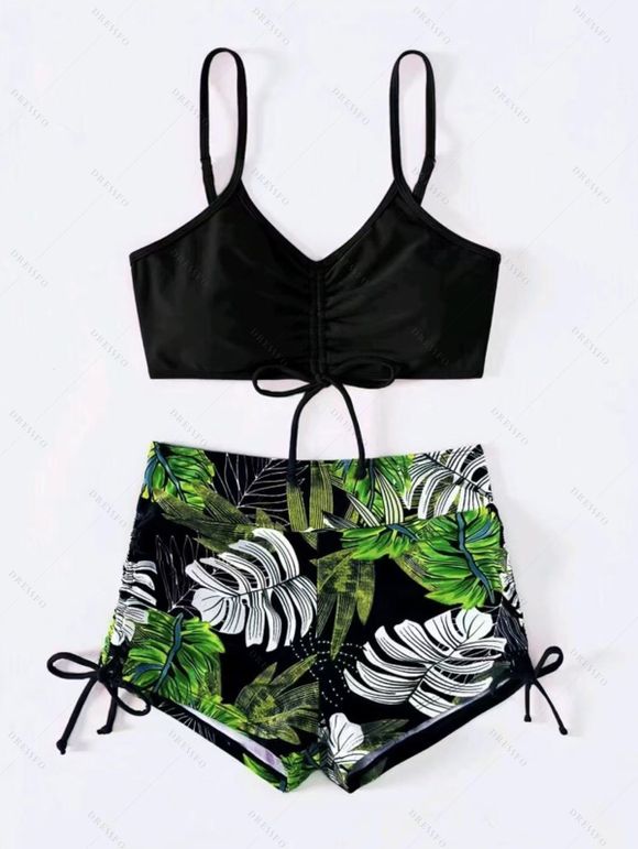 Vacation Couple Outfit Bright Color Cinched Palm Leaf Print Boyshorts Bikini Swimsuit and Shirt Set - Noir S | US 4