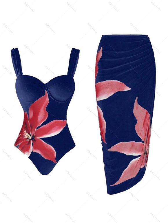 Vacation Couple Outfit Lily Floral Print One-piece Swimsuit Bodycon Skirt and Shirt Set - Bleu profond S | US 4