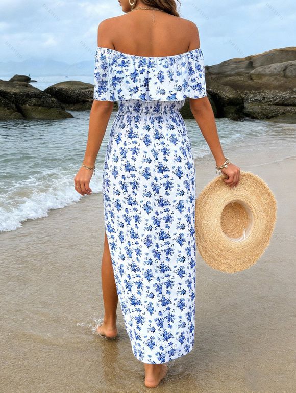Vacation Couple Outfit Ditsy Floral Patten Off the Shoulder Slit Dress and Shirt Set - Blanc S | US 4