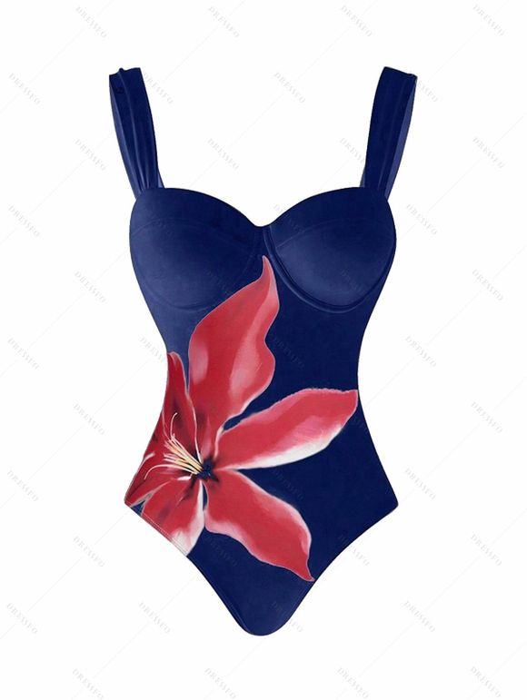 Vacation Couple Outfit Lily Floral Print One-piece Swimsuit Bodycon Skirt and Shirt Set - Bleu profond S | US 4