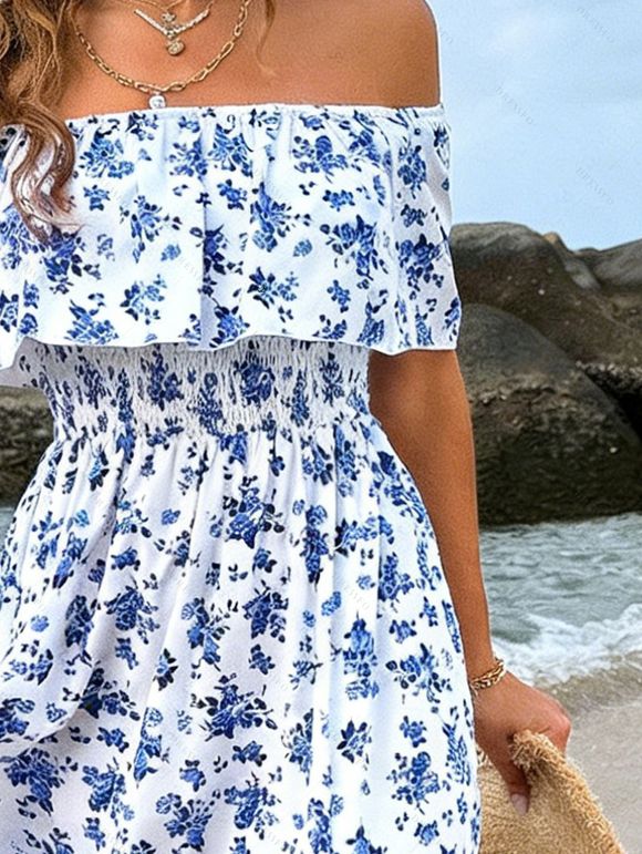 Vacation Couple Outfit Ditsy Floral Patten Off the Shoulder Slit Dress and Shirt Set - Blanc S | US 4