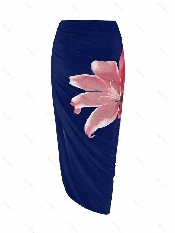 Vacation Couple Outfit Lily Floral Print One-piece Swimsuit Bodycon Skirt and Shirt Set - Bleu profond S | US 4