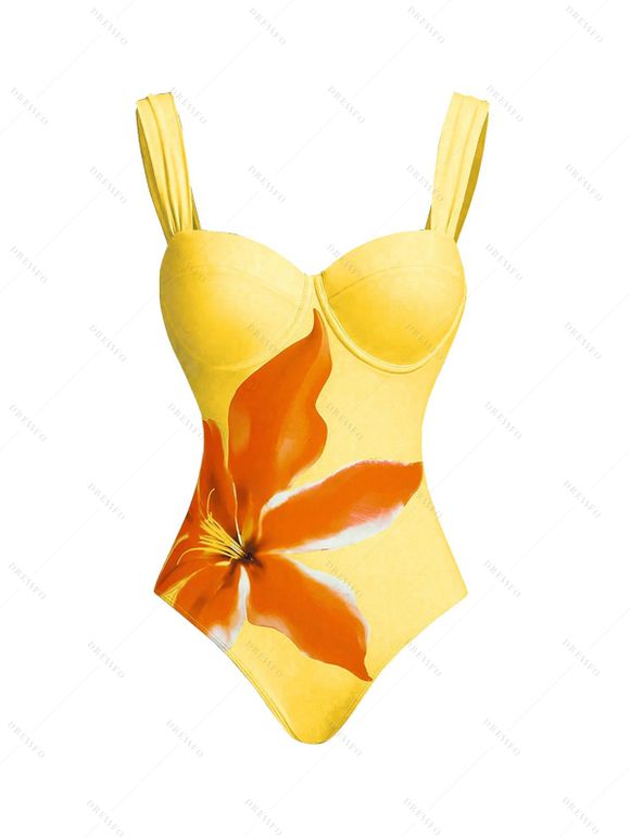 Vacation Couple Outfit Lily Floral Print One-piece Swimsuit Bodycon Skirt and Shirt Set - Jaune S | US 4