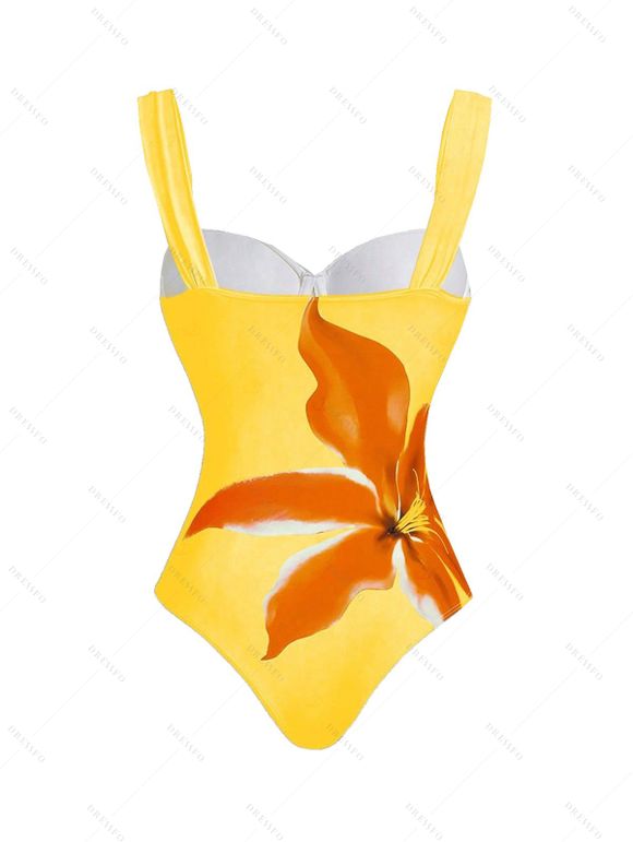 Vacation Couple Outfit Lily Floral Print One-piece Swimsuit Bodycon Skirt and Shirt Set - Jaune S | US 4