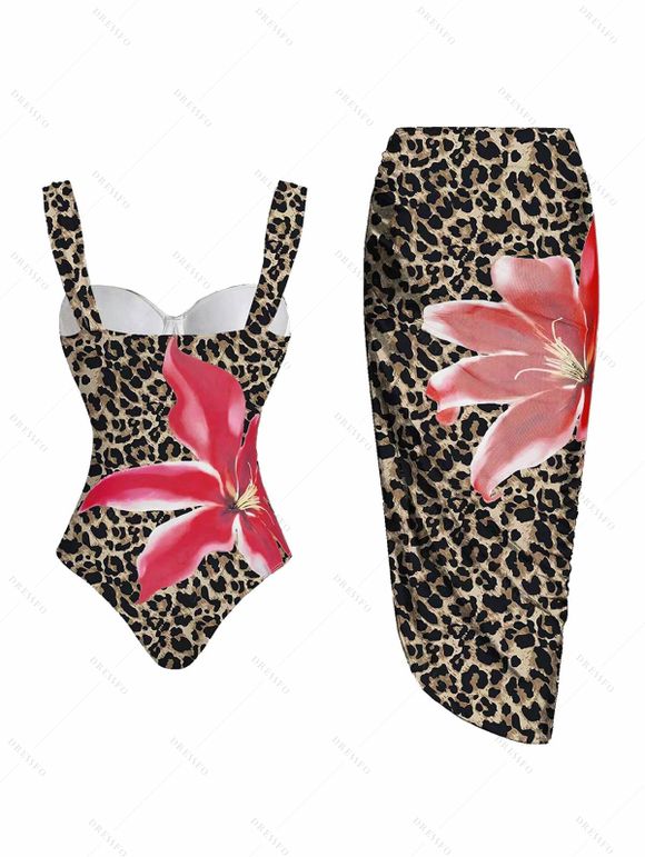 Vacation Couple Outfit Lily Floral Print One-piece Swimsuit Bodycon Skirt and Shirt Set - Brun S | US 4