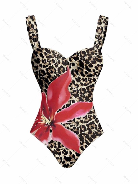 Vacation Couple Outfit Lily Floral Print One-piece Swimsuit Bodycon Skirt and Shirt Set - Brun S | US 4