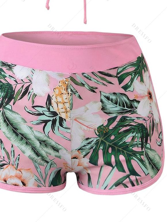 Ensemble de maillot de bain tankini de vacances, imprimé floral hibiscus, nœud papillon, dos nu et shorty - Rose XXL | US 12