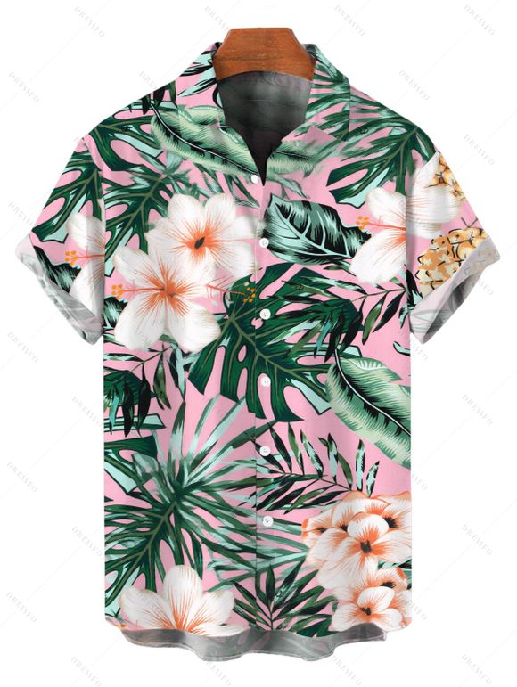 Vacation Couple Outfit Tropical Hibiscus Floral Leaf Print Bowknot Halter Tankini Swimsuit and Shirt Set - Rose S | US 4