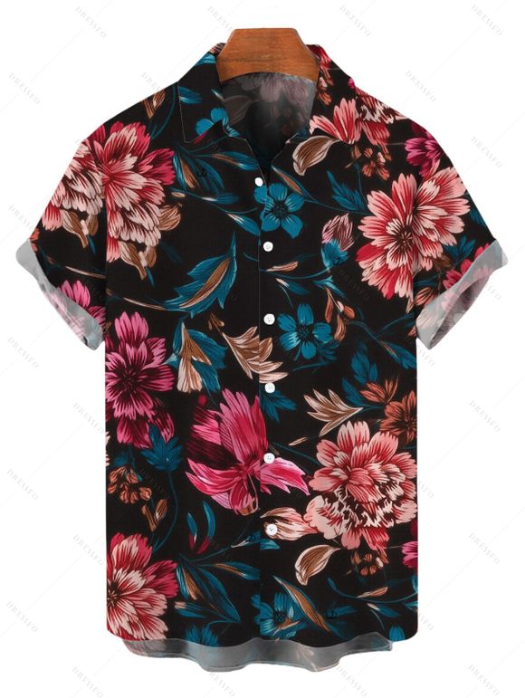 Chemise de vacances pour homme, style rétro, à imprimé floral et feuilles, boutonnée - Grenade rouge 5XL