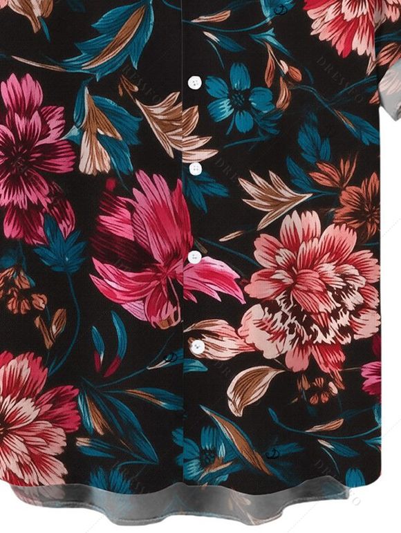 Chemise de vacances pour homme, style rétro, à imprimé floral et feuilles, boutonnée - Grenade rouge 5XL