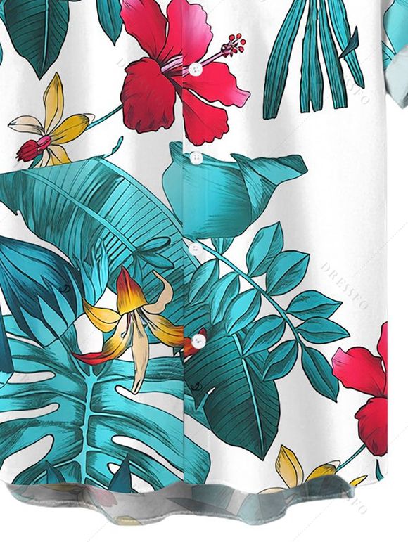 Chemise de vacances pour homme à motif floral tropical et feuilles de jungle, boutonnée - Blanc 5XL