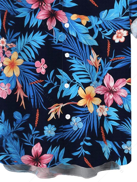 Chemise de vacances pour homme, imprimé floral hawaïen à feuilles d'hibiscus, chemise boutonnée - Bleu Ciel 5XL