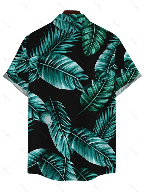 Chemise de vacances pour homme à imprimé de feuilles tropicales, boutonnée - Turquoise Foncée 4XL
