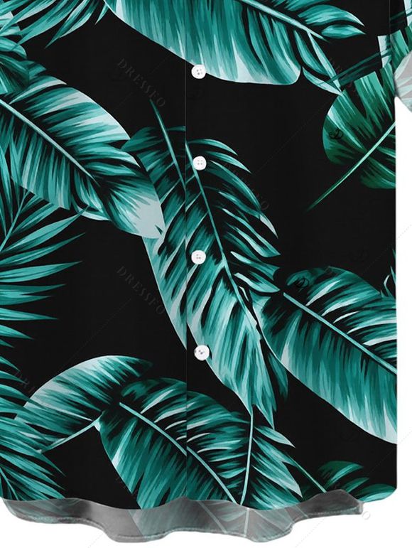 Chemise de vacances pour homme à imprimé de feuilles tropicales, boutonnée - Turquoise Foncée 4XL