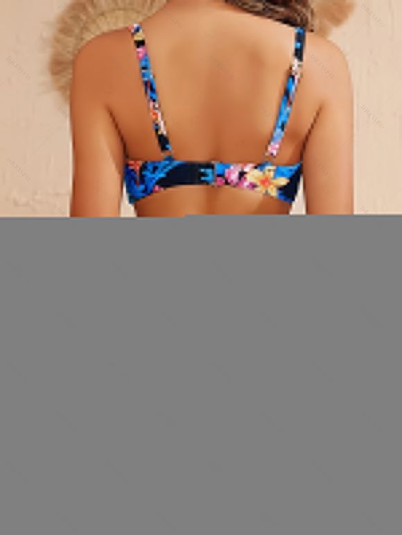 Ensemble de maillots de bain tankini de vacances à imprimé floral hawaïen hibiscus et feuilles, jupe torsadée et froncée - Bleu Ciel XL | US 10