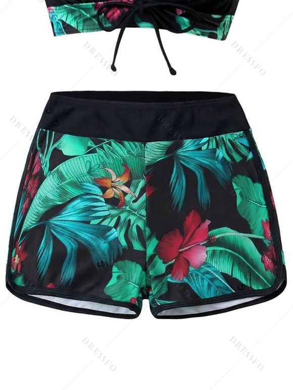 Ensemble de maillot de bain tankini de vacances avec nœud papillon, dos nu, motif floral tropical et feuilles de jungle, shorty - Noir L | US 8