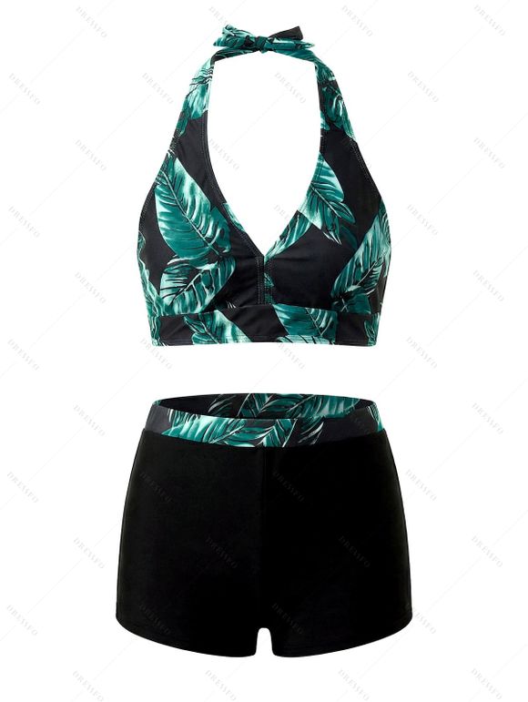 Vacation Couple Outfit Tropical Plant Leaf Print Halter Boyshorts Tankini Swimsuit and Shirt Set - Turquoise Foncée S | US 4
