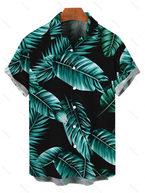 Vacation Couple Outfit Tropical Plant Leaf Print Halter Boyshorts Tankini Swimsuit and Shirt Set - Turquoise Foncée S | US 4