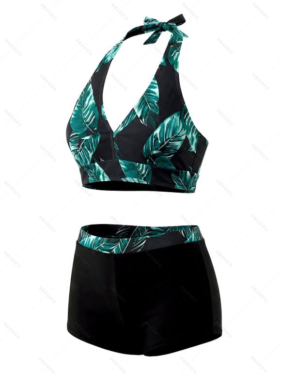 Ensemble de maillot de bain tankini de vacances, imprimé de feuilles tropicales, dos nu et shorty - Vert XL | US 10