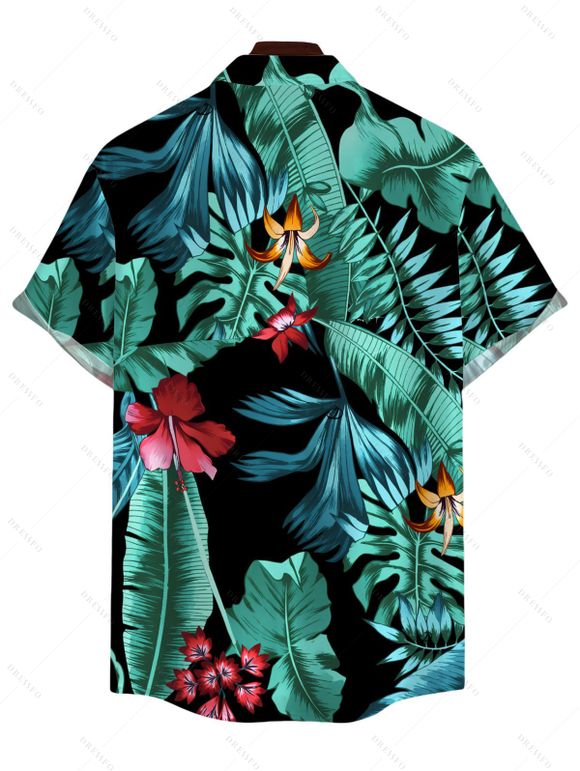 Chemise de vacances pour homme à motif floral tropical et feuilles de jungle, boutonnée - Noir L
