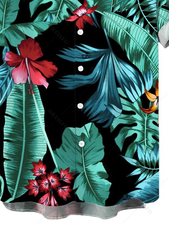Chemise de vacances pour homme à motif floral tropical et feuilles de jungle, boutonnée - Noir L