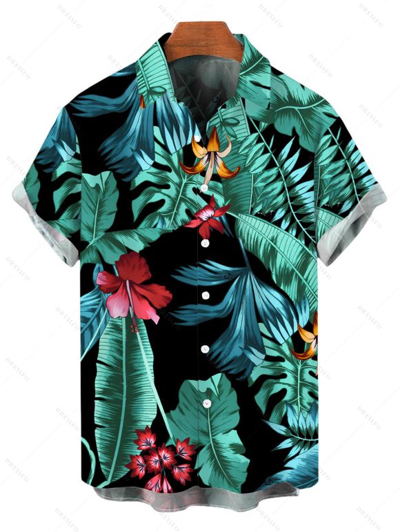 Vacation Couple Outfit Bowknot Halter Tropical Floral Leaf Pattern Swimsuit and Shirt Set - Rose Vif S | US 4