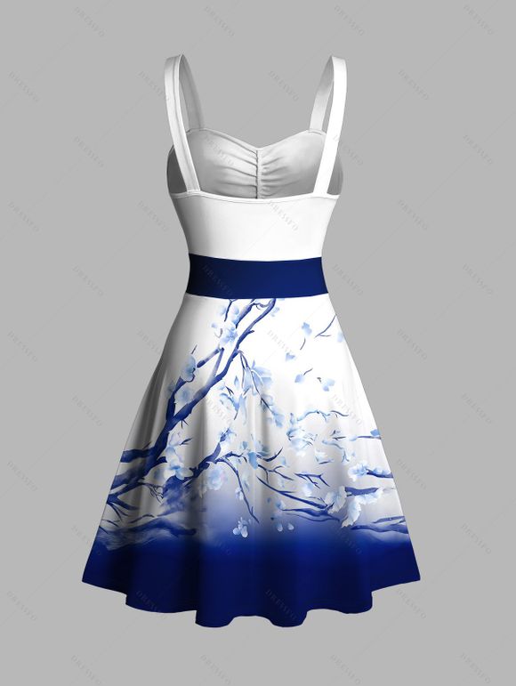 Sweetheart Neck Plum Blossom Ombre Print Belt Dress and Roll Up Sleeve Shirt Drawstring Vocation Outfit - Bleu S | US 4