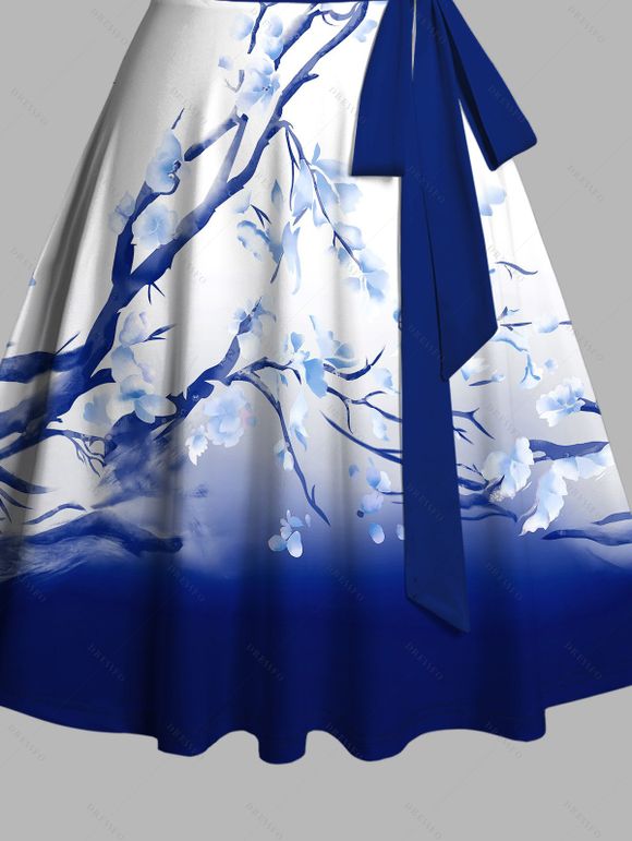 Sweetheart Neck Plum Blossom Ombre Print Belt Dress and Roll Up Sleeve Shirt Drawstring Vocation Outfit - Bleu S | US 4