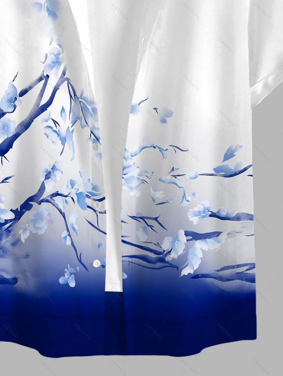 Sweetheart Neck Plum Blossom Ombre Print Belt Dress and Roll Up Sleeve Shirt Drawstring Vocation Outfit - Bleu S | US 4