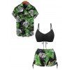Vacation Couple Outfit Bright Color Cinched Palm Leaf Print Boyshorts Bikini Swimsuit and Shirt Set - Noir S | US 4