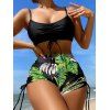 Vacation Couple Outfit Bright Color Cinched Palm Leaf Print Boyshorts Bikini Swimsuit and Shirt Set - Noir S | US 4
