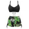 Vacation Couple Outfit Bright Color Cinched Palm Leaf Print Boyshorts Bikini Swimsuit and Shirt Set - Noir S | US 4