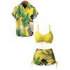 Vacation Couple Outfit Bright Color Cinched Palm Leaf Print Boyshorts Bikini Swimsuit and Shirt Set - Jaune S | US 4
