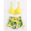 Vacation Couple Outfit Bright Color Cinched Palm Leaf Print Boyshorts Bikini Swimsuit and Shirt Set - Jaune S | US 4