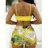Vacation Couple Outfit Bright Color Cinched Palm Leaf Print Boyshorts Bikini Swimsuit and Shirt Set - Jaune S | US 4
