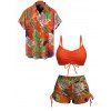 Vacation Couple Outfit Bright Color Cinched Palm Leaf Print Boyshorts Bikini Swimsuit and Shirt Set - Orange S | US 4