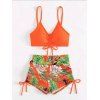 Vacation Couple Outfit Bright Color Cinched Palm Leaf Print Boyshorts Bikini Swimsuit and Shirt Set - Orange S | US 4